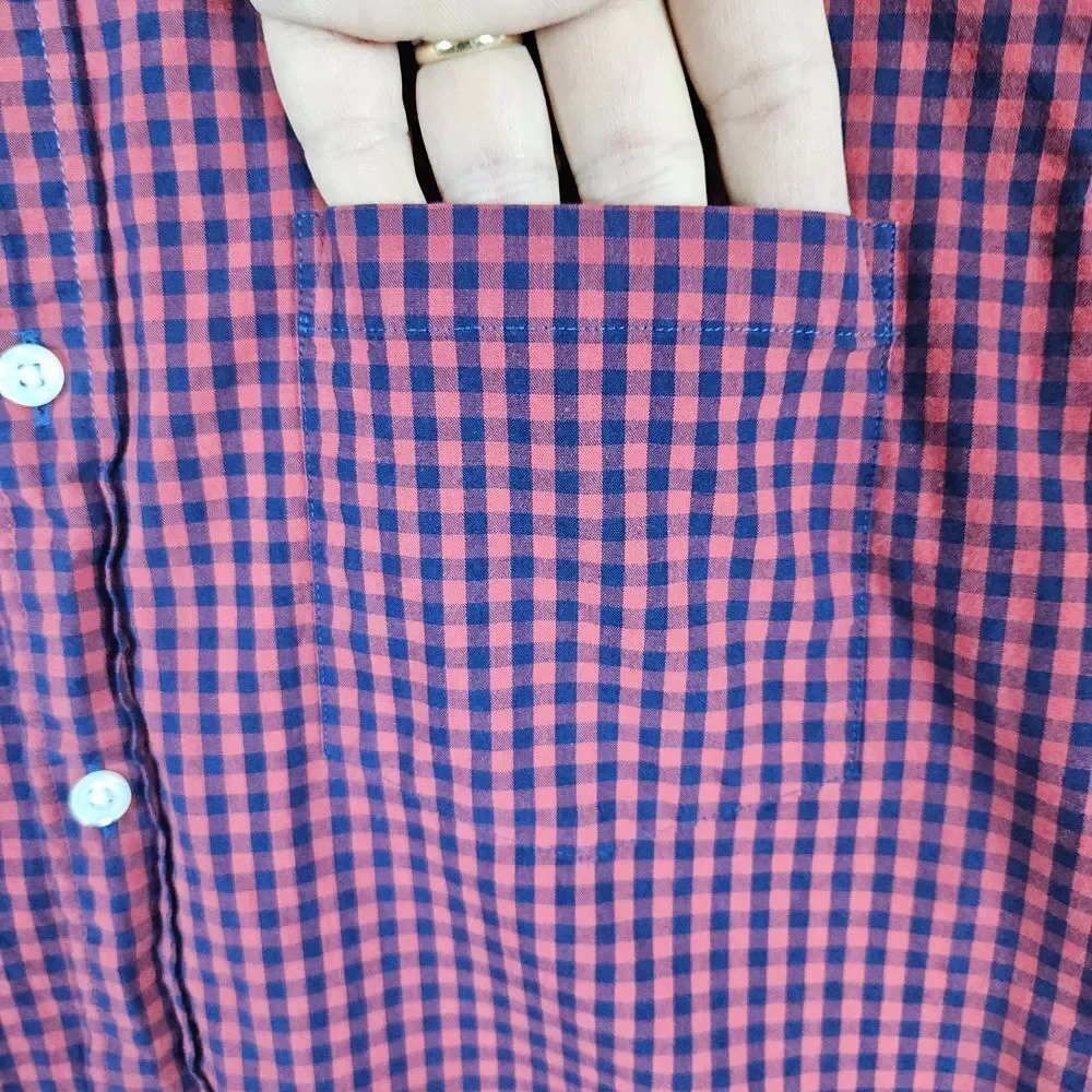 J Crew Re-Imagined Slim Untucked Flex Washed Size L Shirt Blue Red Checks Preppy